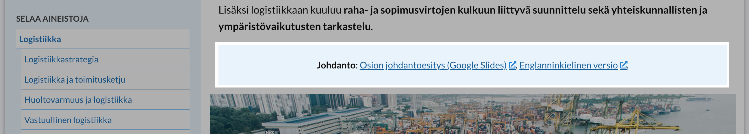 Kuvakaappaus johdantoesityksen linkistä Logistiikka-sivulla.