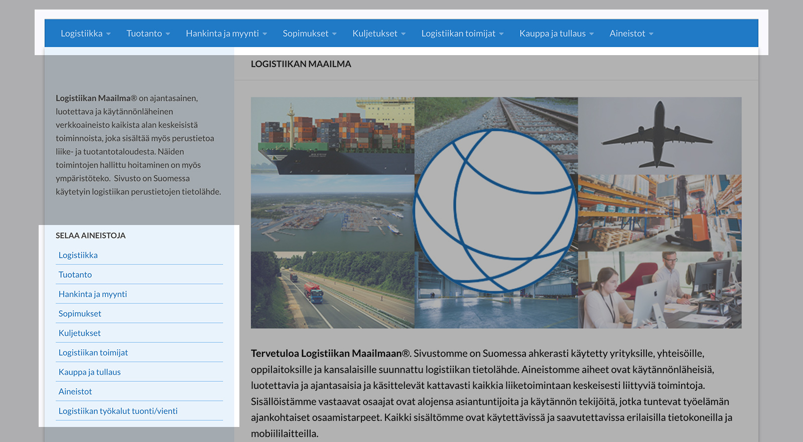 Kuvakaappaus, jossa korostettuna sivun navigointivalikot.